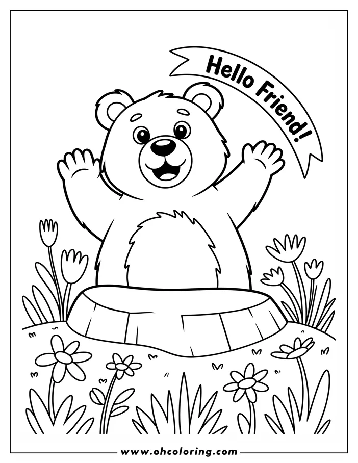 Outline of a friendly bear standing on a tree stump surrounded by wildflowers.