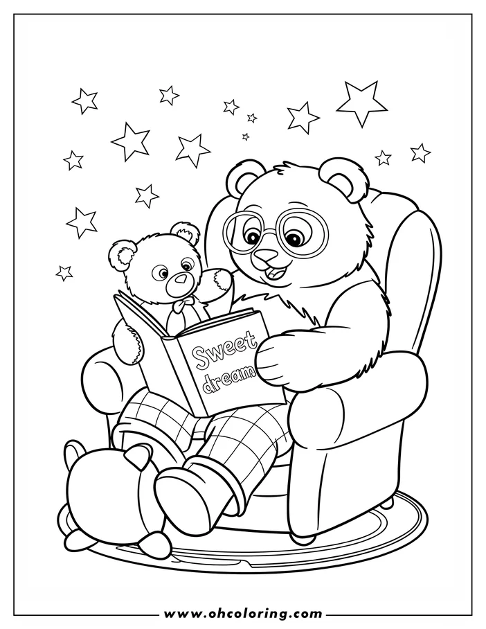 Line art of a bear wearing glasses reading a book to a teddy bear in an armchair, with stars in the background.