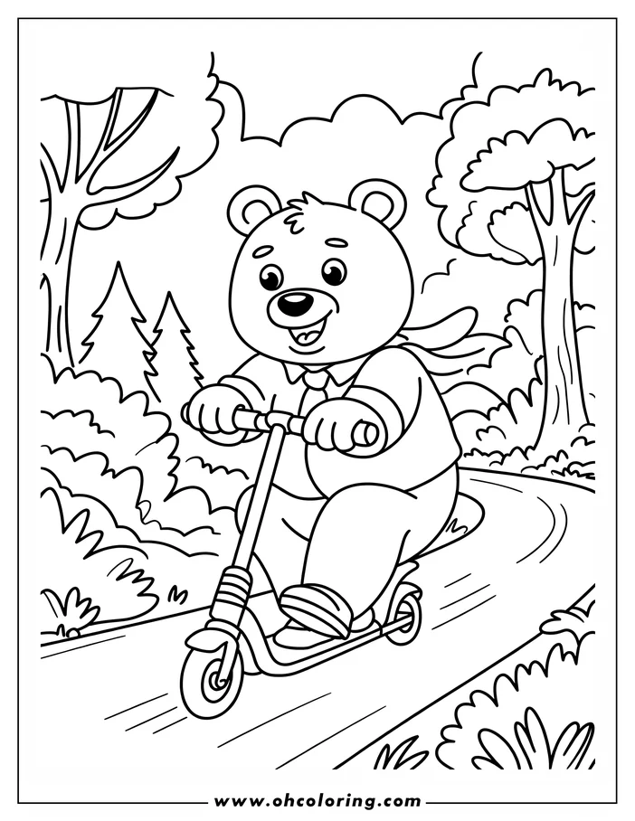 Outline of a bear riding a scooter through a park. The bear is wearing a jacket, tie, and pants. Trees and foliage fill the background.