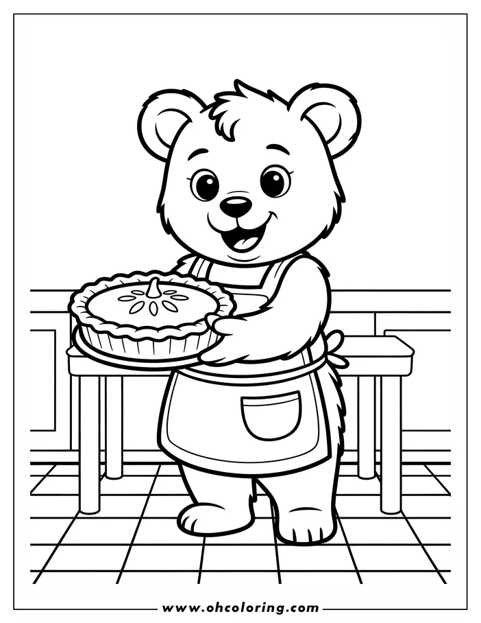Line art of a bear holding a Thanksgiving pie in a kitchen setting.