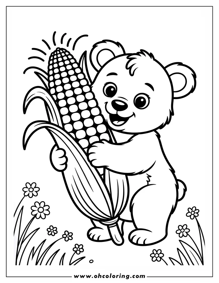 Line art of a bear holding an ear of corn in a field with small flowers.