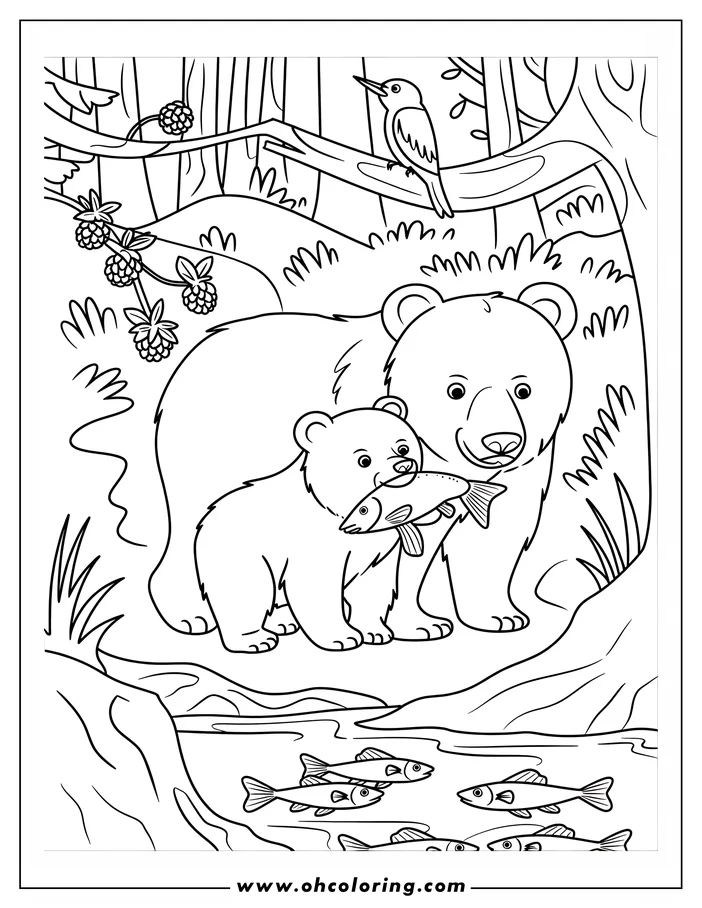 Outline of a mother bear and her cub by a river. The cub holds a fish in its mouth, and more fish swim in the river below. A woodpecker perches on a branch in the background.