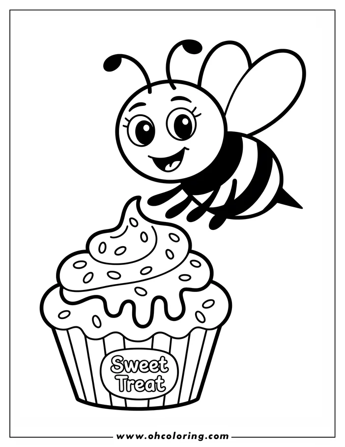A cartoon bee hovers above a frosted cupcake labeled 'Sweet Treat'.