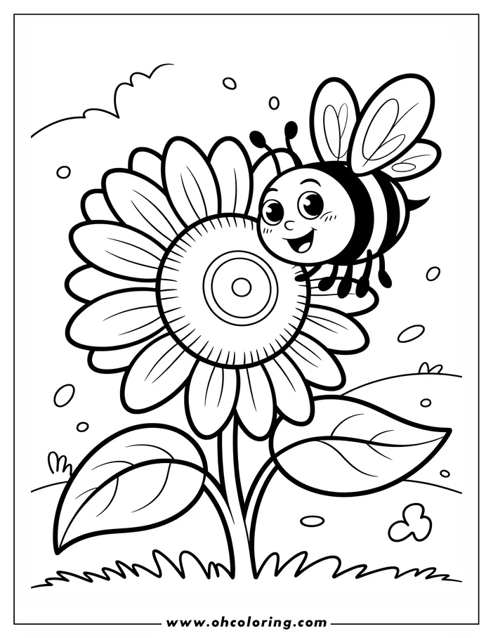 A cartoon bee sitting on a flower.
