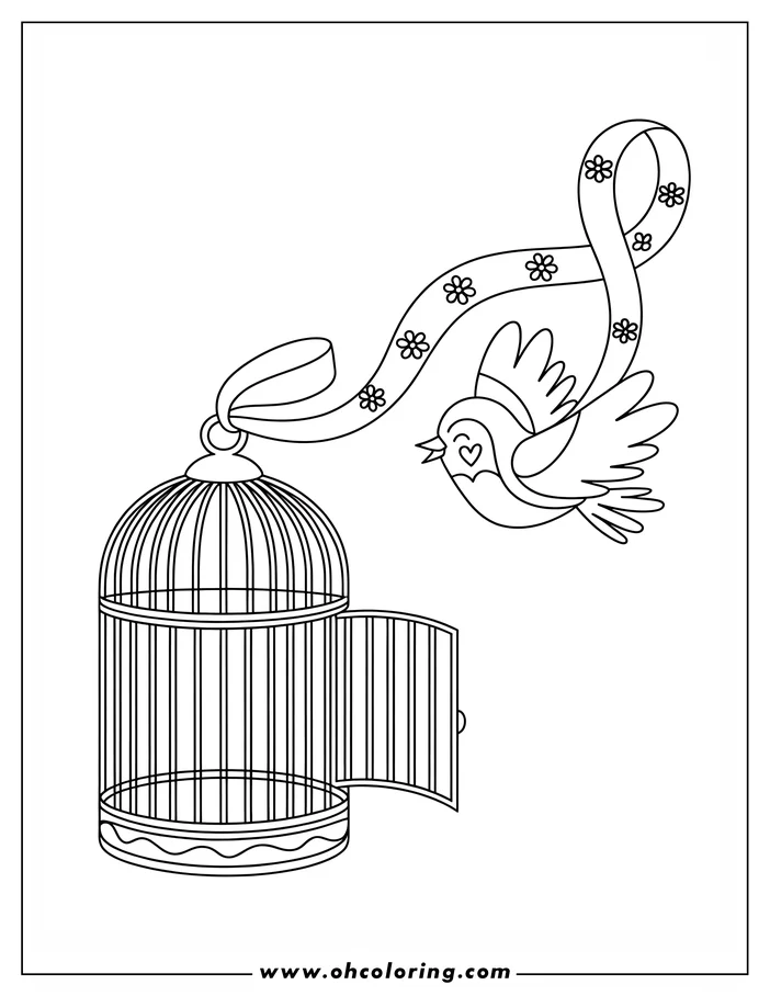 Line art of a bird flying away from an open cage, attached by a flowered ribbon. The bird has a heart on its chest. A simple coloring sheet design.