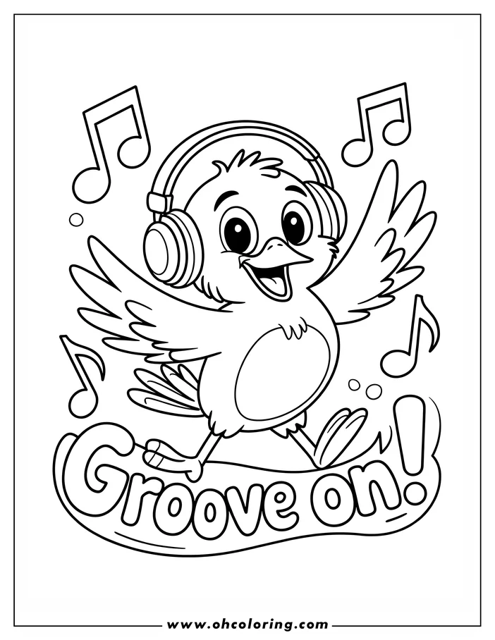 Line art of a happy bird with headphones, dancing to music with musical notes surrounding it.