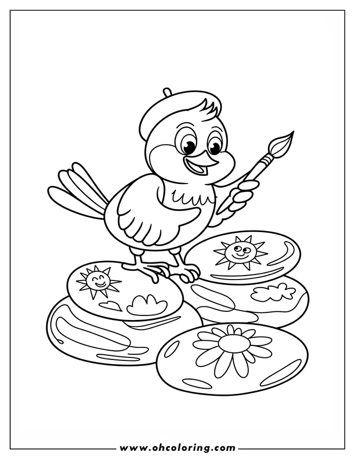 Outline of a bird with a beret and paintbrush, standing on painted rocks.