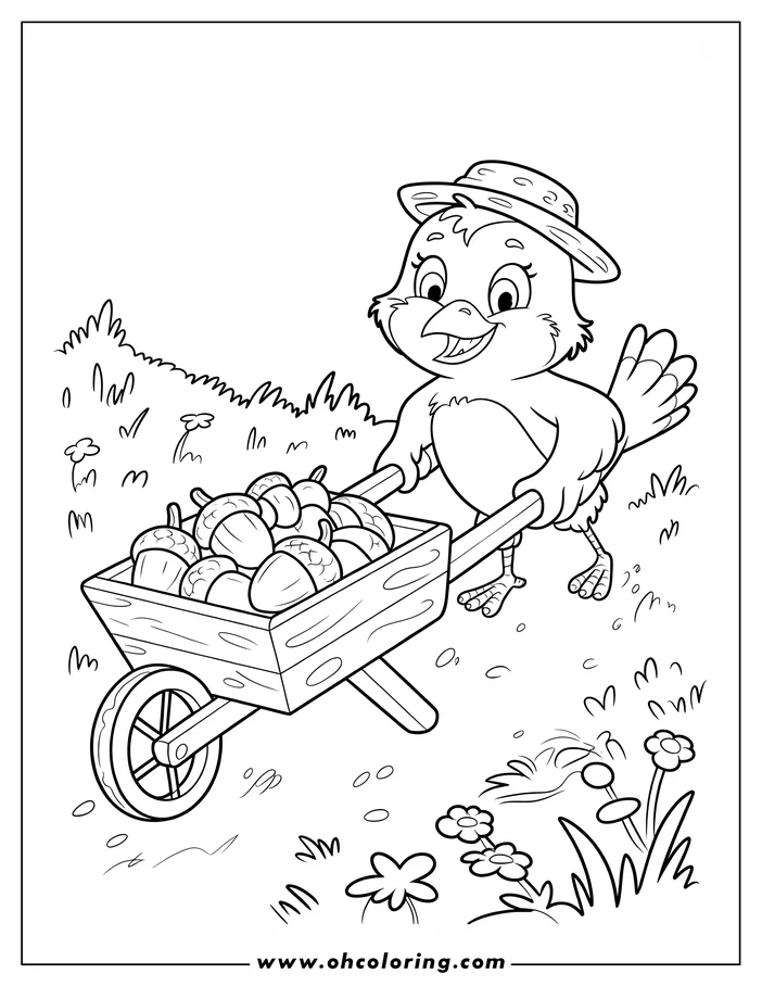 Line art of a cheerful bird wearing a hat and pushing a wheelbarrow filled with acorns. Flowers and grass surround the scene.