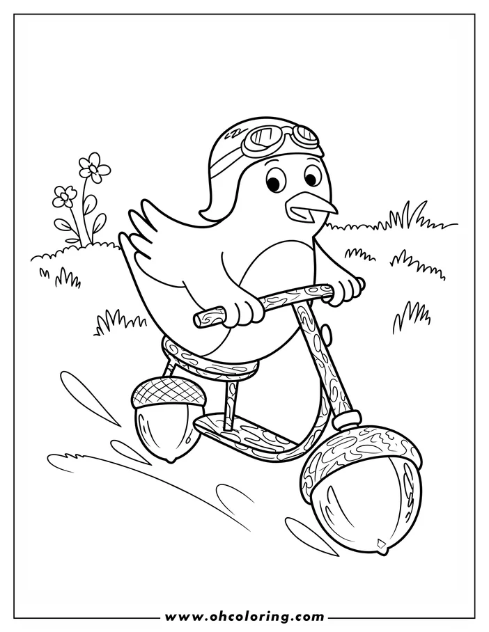 Outline drawing of a bird with goggles riding a tricycle made of acorns and twigs.