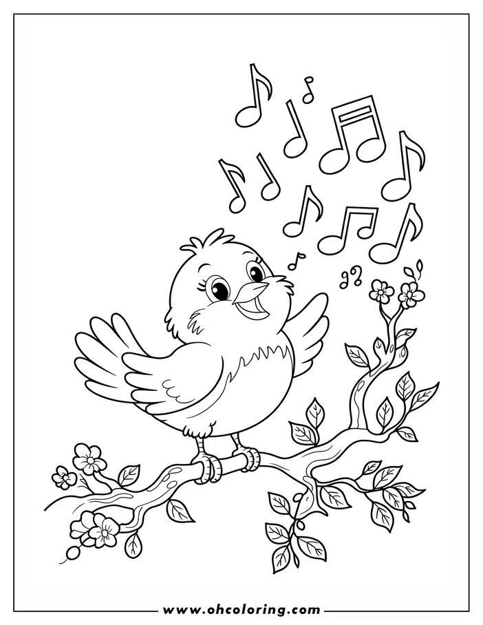 Line art of a cartoon bird singing on a flowering branch, with musical notes floating above