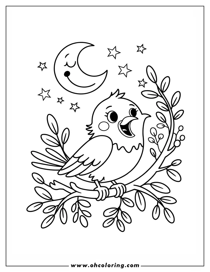 Outline of a cheerful cartoon bird singing on a branch at night, with a smiling crescent moon and stars in the background.