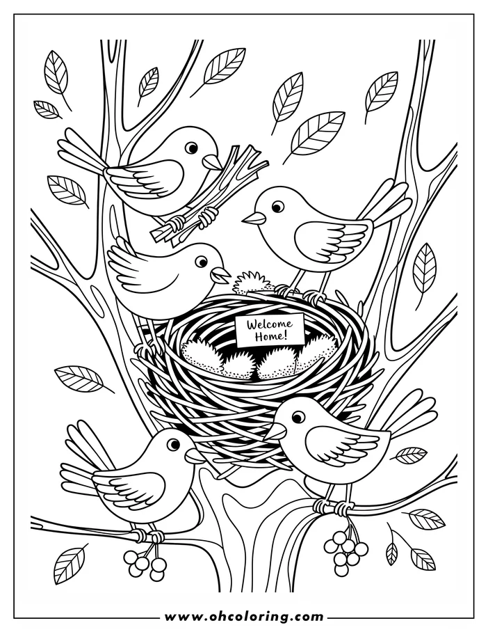 Line art depicting a spring scene with birds building a nest in a tree. Two birds are carrying twigs to add to the nest, which contains three eggs and a "Welcome Home" sign. Two more birds stand on the edge of the nest, while two others are perched on nearby branches. One branch has a cluster of berries. Leaves are scattered on the tree branches. This is a design for a coloring sheet.