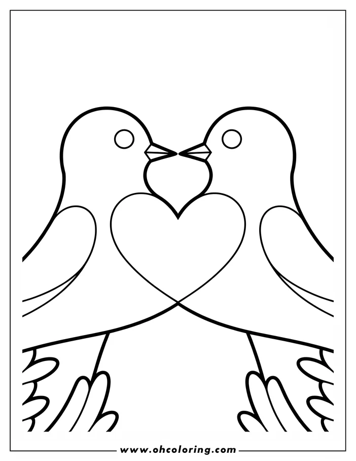 Simple line art of two birds facing each other, their bodies forming the outline of a heart. Each bird has a round eye, and their beaks nearly touch. This is a drawing for coloring.