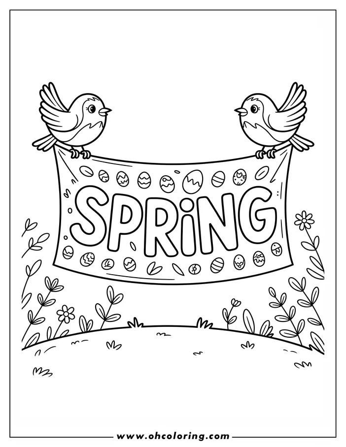 Line art depicting two birds holding a banner that reads "SPRING". The banner is decorated with Easter eggs, and simple flowers and grass grow below. This is a coloring sheet design.