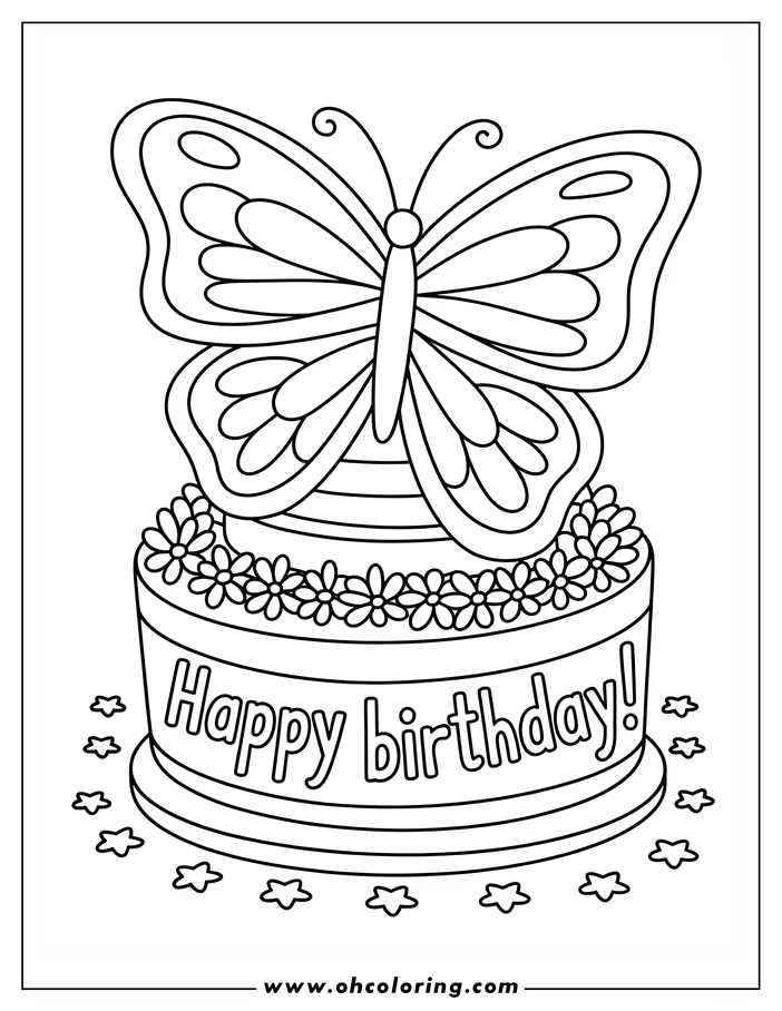 Line art of a birthday cake decorated with flowers and topped with a butterfly. The words 'Happy Birthday' are written on the cake.