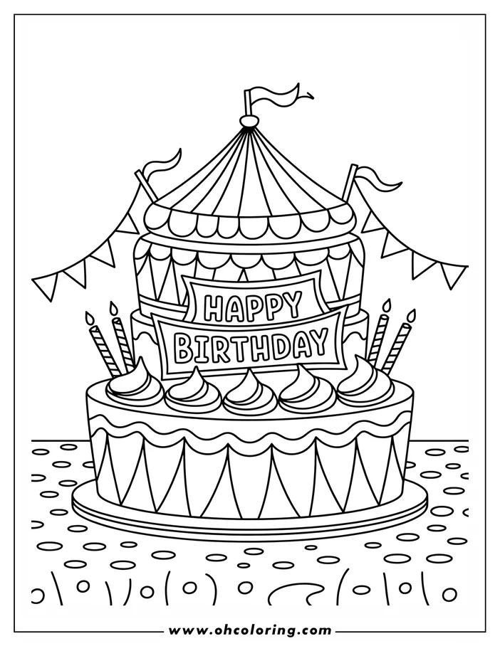 Line art of a birthday cake shaped like a circus tent, complete with flags, candles, and a 'Happy Birthday' banner. The cake is frosted and decorated with swirls of icing and several large dollops of frosting.