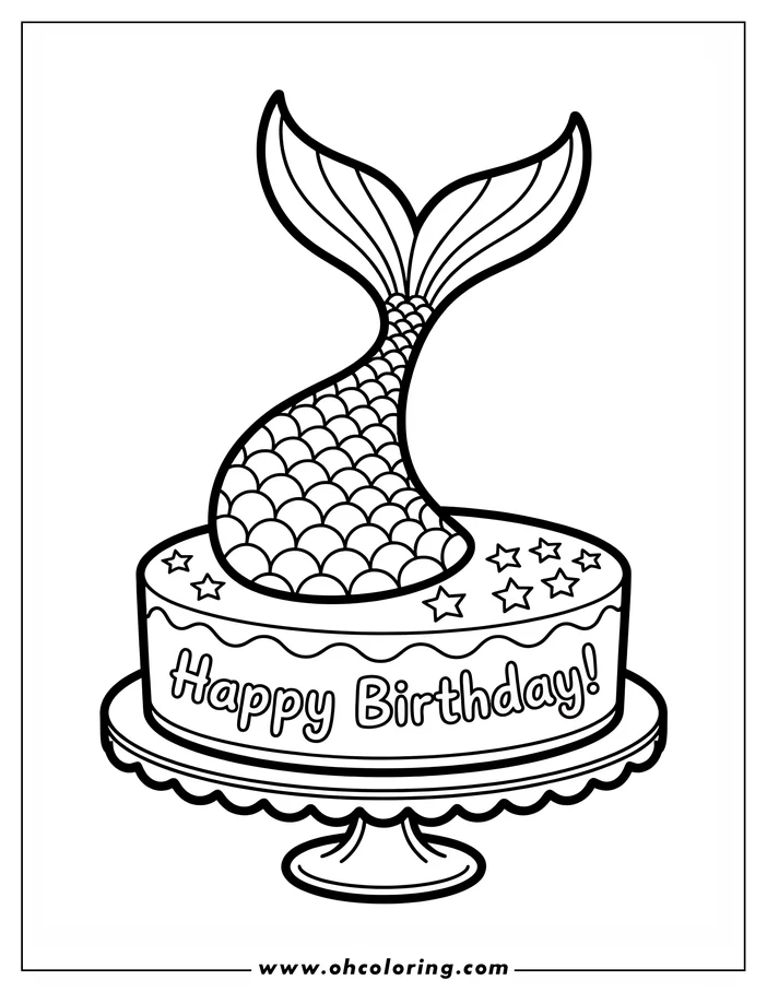 Line art of a birthday cake with a mermaid tail sticking out of it, decorated with stars. The words "Happy Birthday!" are written on the cake.