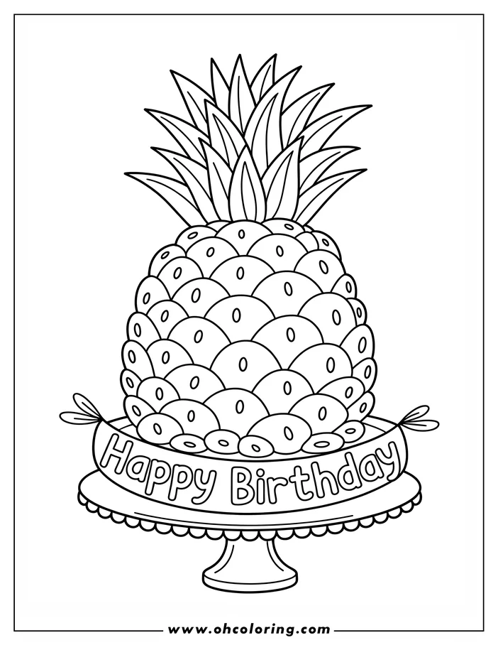 Line art of a birthday cake shaped like a pineapple sitting on a cake stand with a "Happy Birthday" banner.