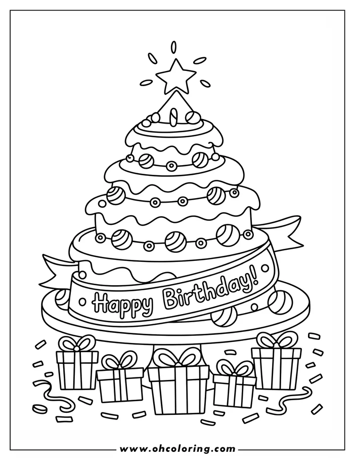 Outline of a tiered birthday cake with a "Happy Birthday!" banner, candies, and presents below.