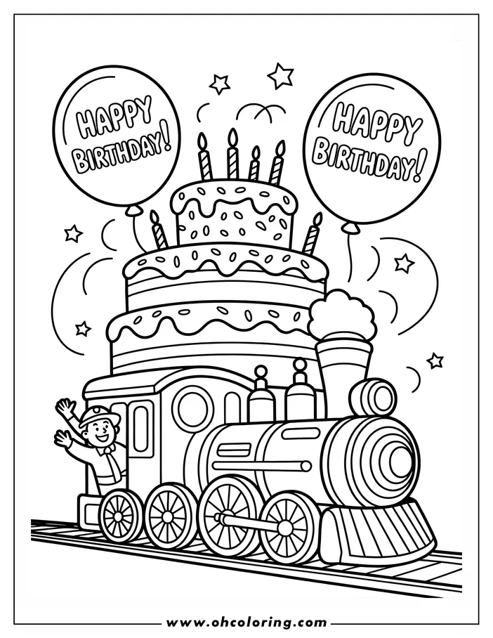Line art of a three-tiered birthday cake with candles and balloons on a train. A train engineer waves from the cab.