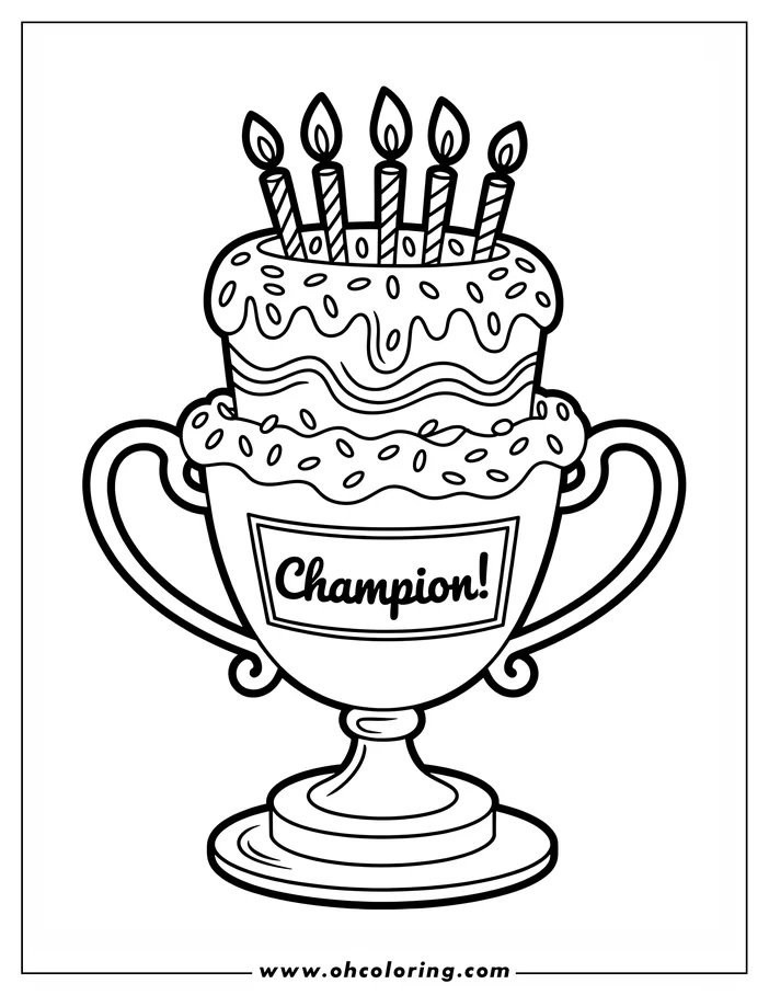 Line art of a birthday cake with candles in a trophy labeled "Champion!"