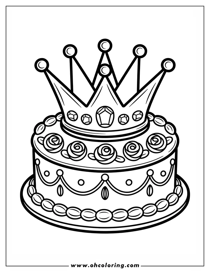 Line art of a birthday cake with a crown on top, decorated with rosettes and beaded frosting.