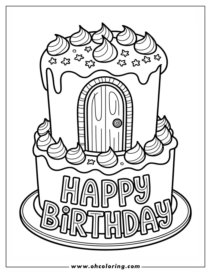 Line art of a two-tiered birthday cake with a door and the words 'Happy Birthday'.