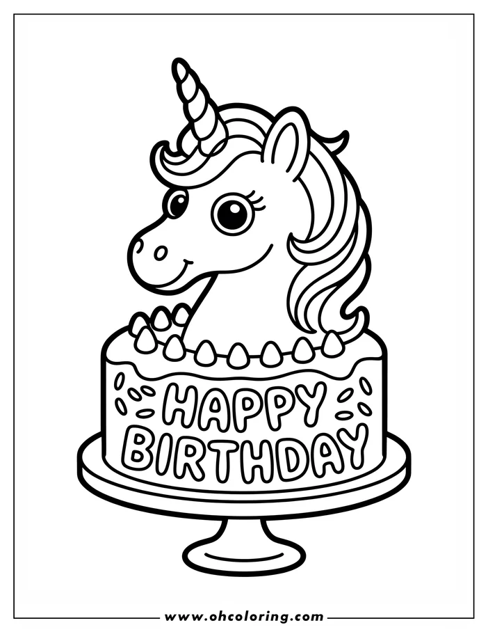 Line art of a birthday cake topped with a unicorn's head. The cake says 'Happy Birthday' and has candies along the icing.