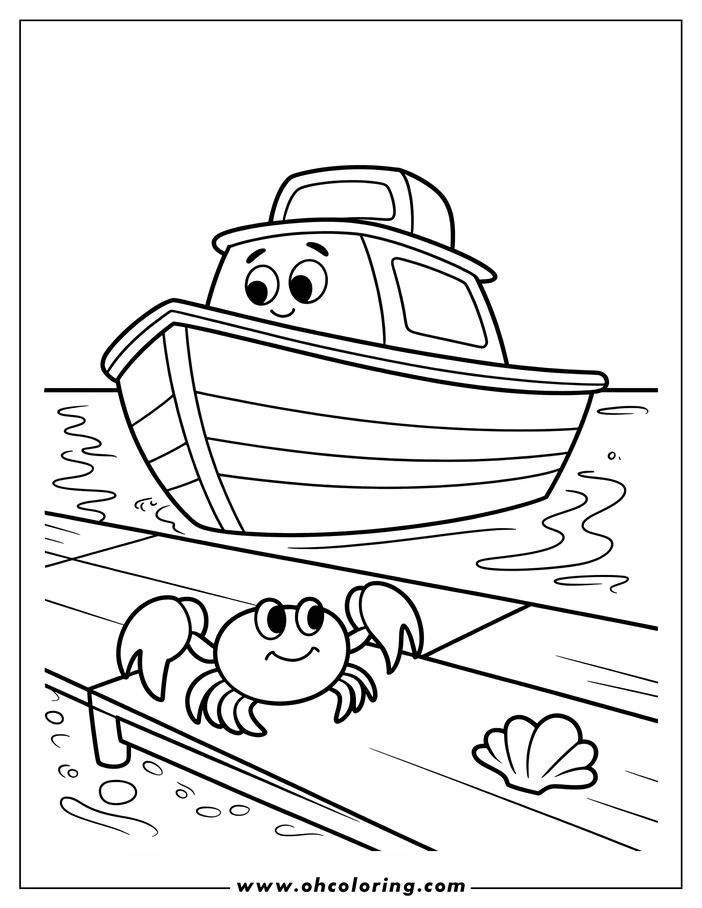 Line art of a friendly boat floating near a dock.  A small crab stands on the dock next to a seashell.