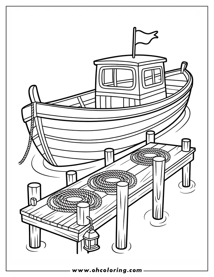 Line art of a boat moored at a dock with ropes and a lantern.