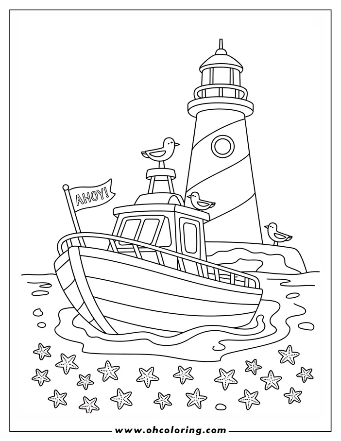 Line art of a boat near a lighthouse, with seagulls perched on the boat and starfish scattered on the seabed below.
