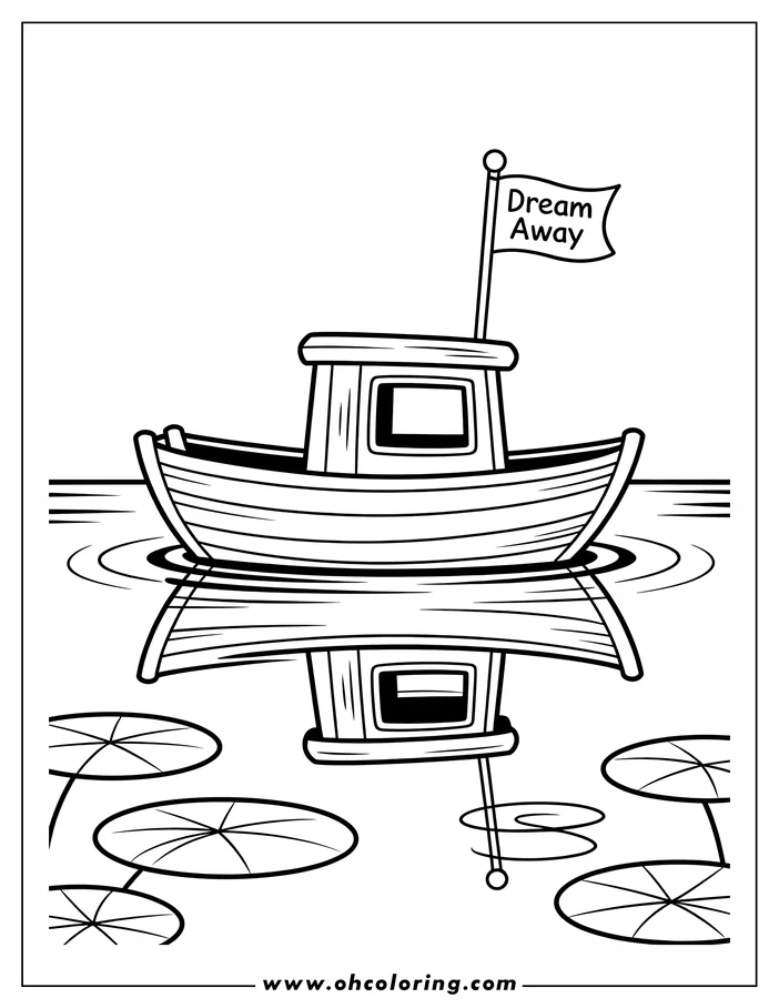 Line art of a small wooden boat on calm water with lily pads around it. A flag on the boat says "Dream Away."