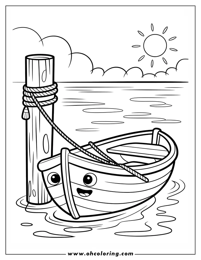Line art of a small, smiling boat tied to a wooden post on a sunny day. The boat has oars and visible wooden planks.