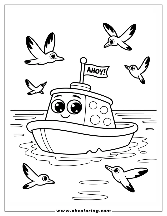 Line art of a cartoon boat with an "Ahoy!" flag, floating on water with birds flying around it.