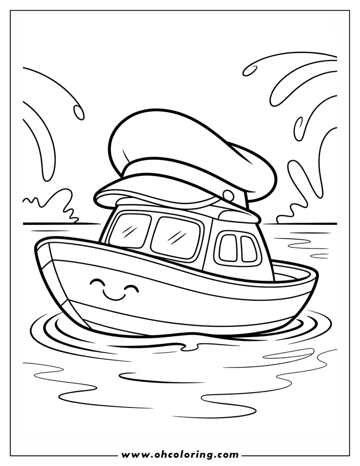 Line art of a cartoon boat with a captain's hat, floating on calm water.
