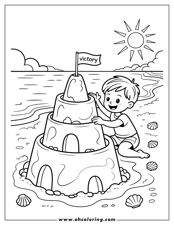 Line art of a boy building a sandcastle at the beach. He is placing a flag on top and smiling. The background includes the sea and the sun shining.