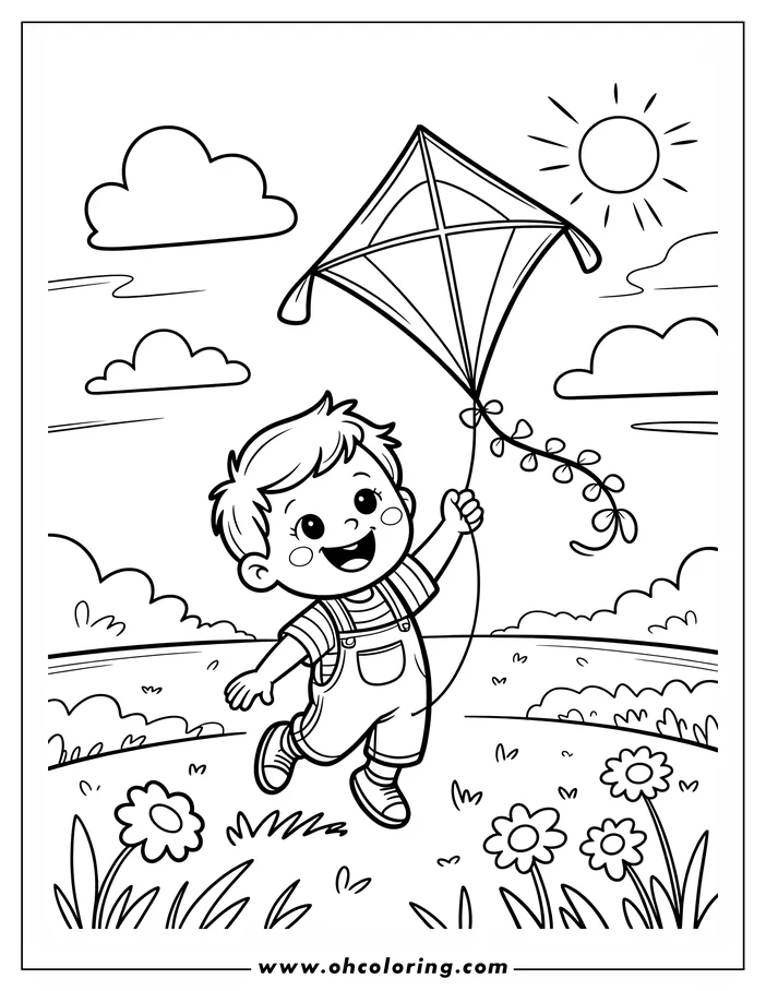 Line art of a boy flying a kite on a summer day in a field with flowers, clouds, and a shining sun.