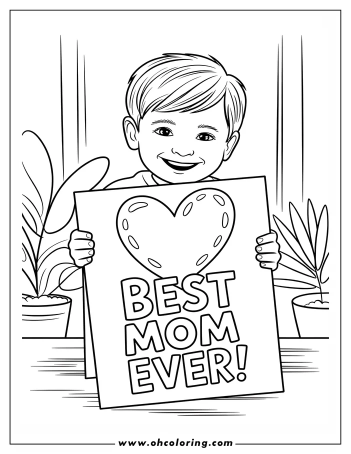 Line art of a boy holding a Mother's Day card. The card features a heart and the words 'Best Mom Ever!' Two potted plants flank the boy. This drawing is designed as a coloring page.