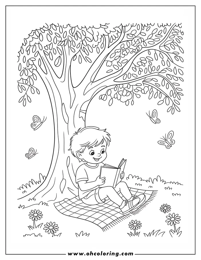 Line art of a boy reading a book under a tree on a summer day. Butterflies fly around and flowers grow at the base of the tree.