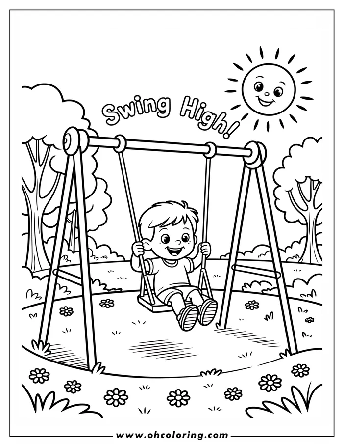Line drawing of a boy enjoying a swing on a swing set in a park or garden with flowers, trees, and smiling sun