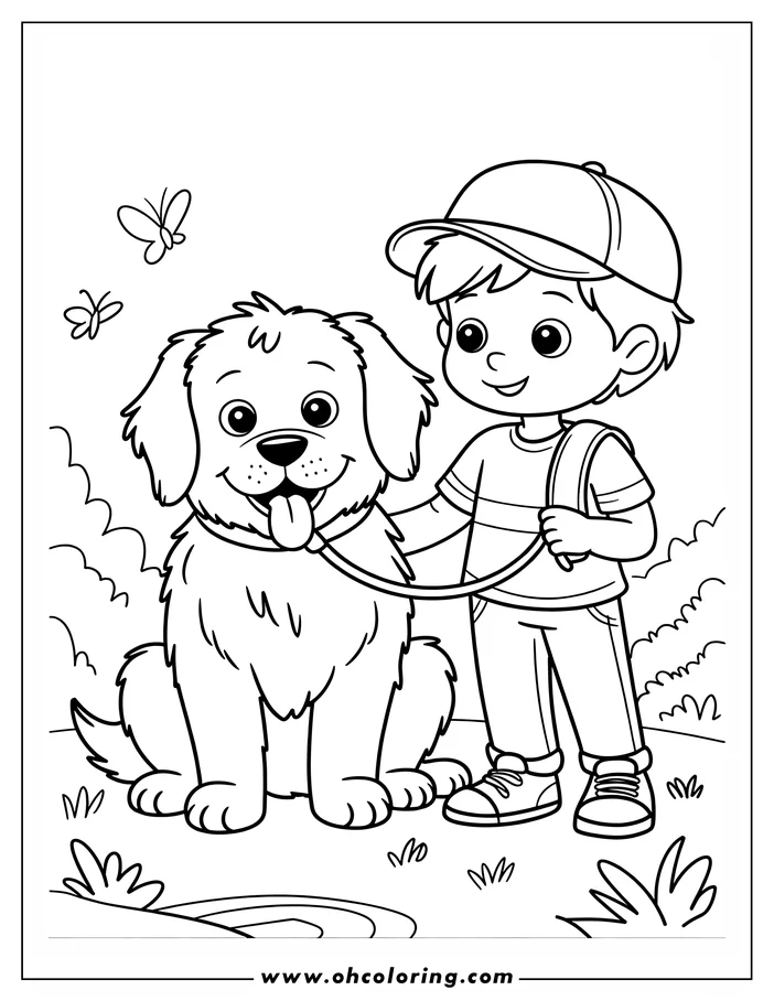 Young boy wearing a cap and holding a leash walks a happy fluffy dog in a park setting with butterflies overhead.