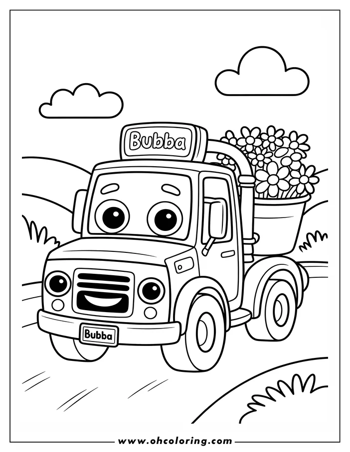 Outline drawing of Bubba, an anthropomorphic truck with a friendly face, carrying a bucket overflowing with flowers on a simple road.