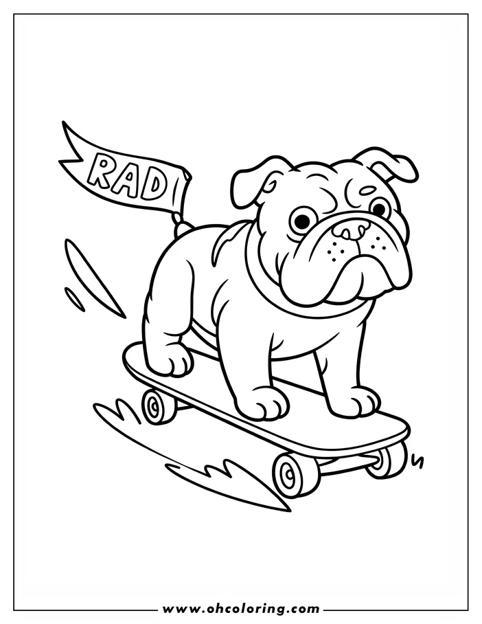 A bulldog skateboarding with a 'RAD' banner on its back.