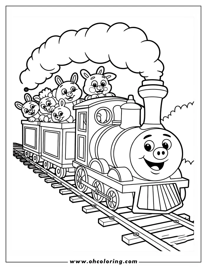 Outline of four bunnies riding in a cartoon train with smoke billowing from the smokestack.
