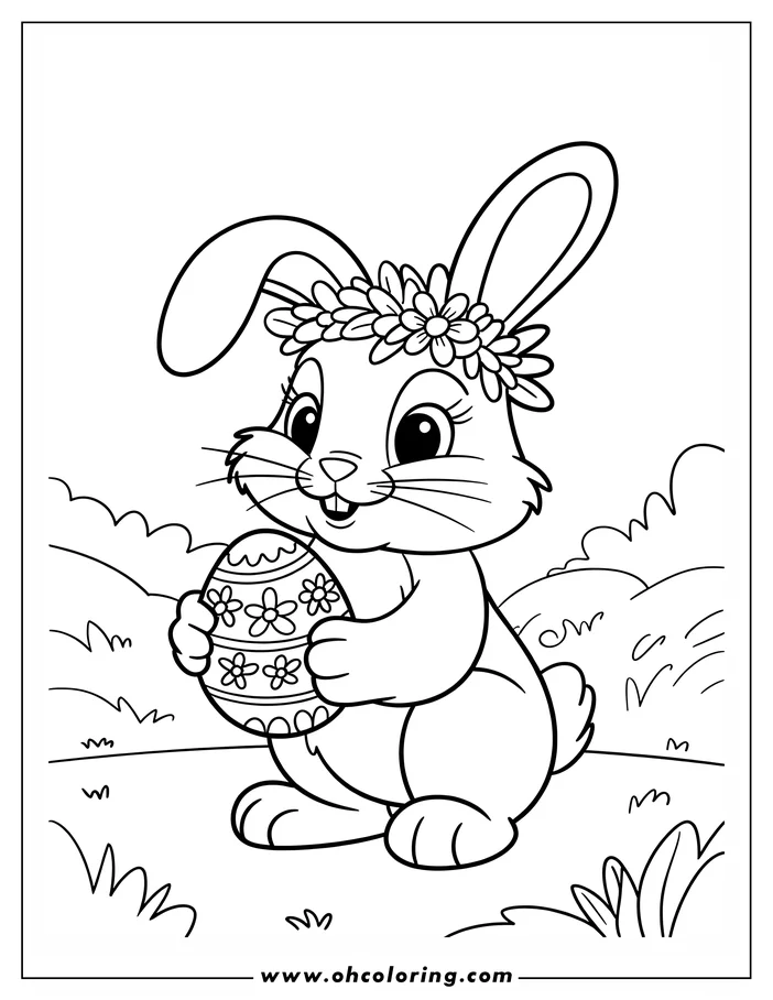Outline of a bunny holding a decorated Easter egg