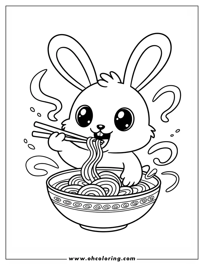 Line art of a cute cartoon bunny eating noodles with chopsticks from a decorated bowl.