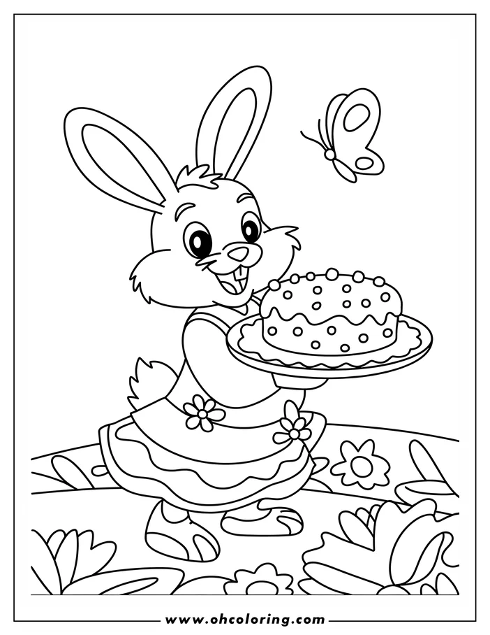 Outline of a cartoon bunny in a dress, holding a decorated cake. A butterfly is near the bunny's head.