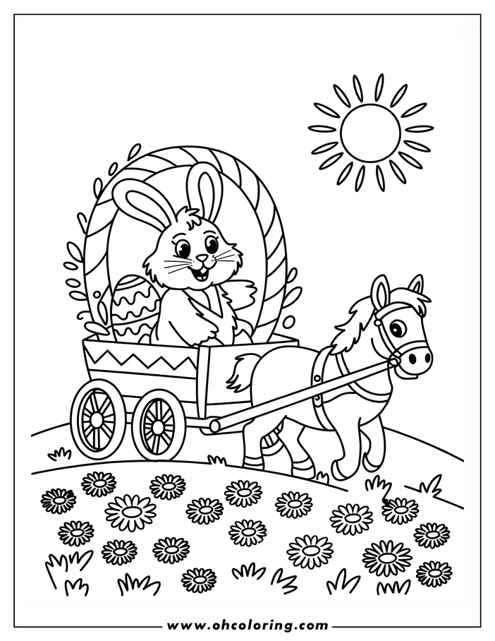 Line art of a bunny riding in a cart pulled by a horse. The bunny holds an Easter egg and the cart is surrounded by daisies.