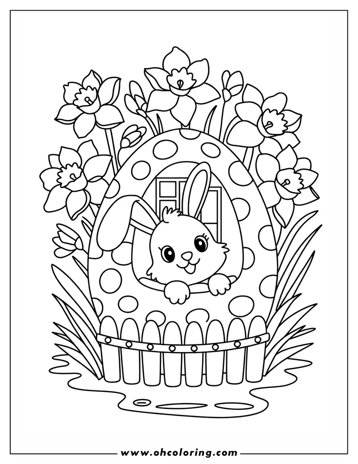 Outline drawing of a bunny sitting inside an Easter egg basket surrounded by daffodils.