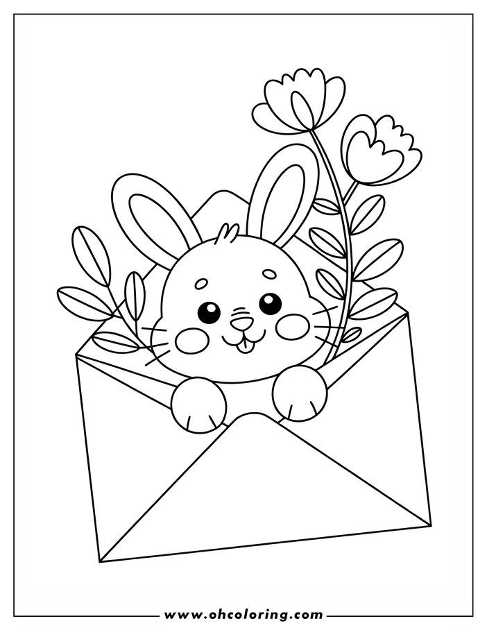 Outline of a cute bunny inside an open envelope with leaves and flowers.